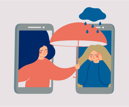 Graphic of 2 girls and one holding umbrella for other