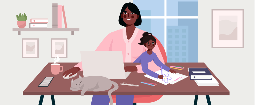 Graphic of woman sitting at desk with child and cat