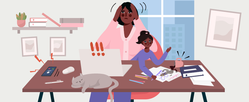 Graphic of woman panicking at her desk