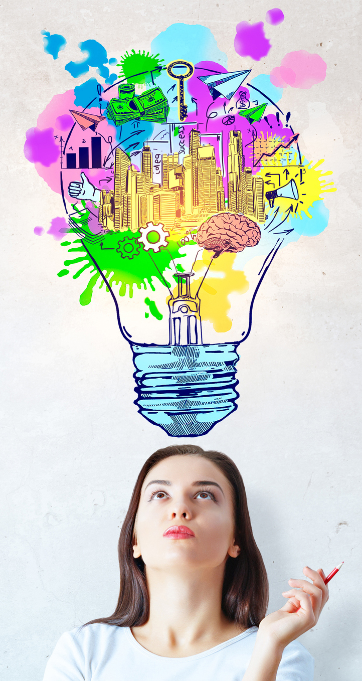 Woman looking ip to an illustrated lightbulb above her head full of expanding knowledge