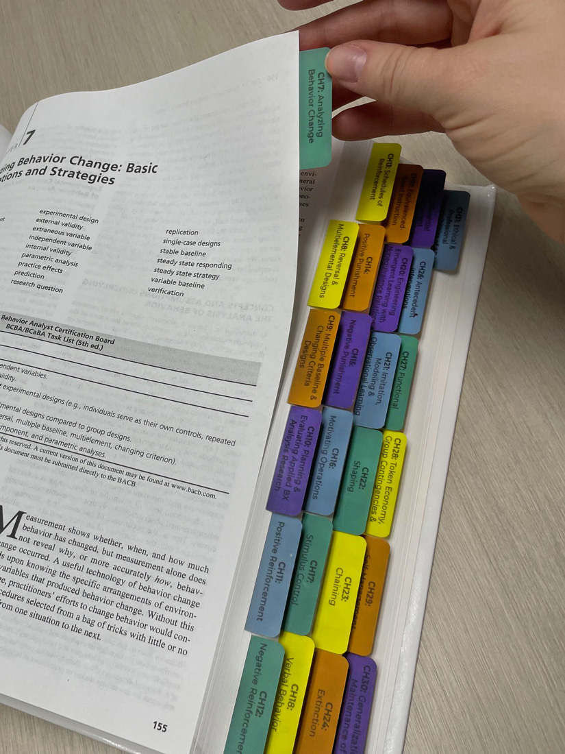 hand emphasizing printed white book tabs