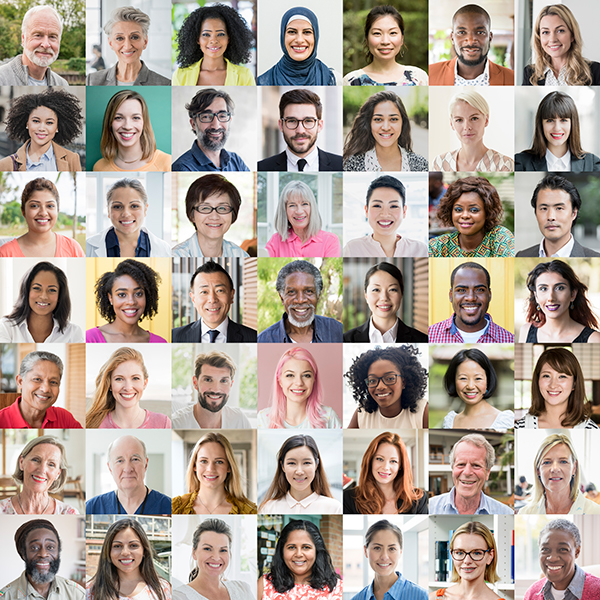 Headshots of multiple adults from all different backgrounds and races/ethnicities