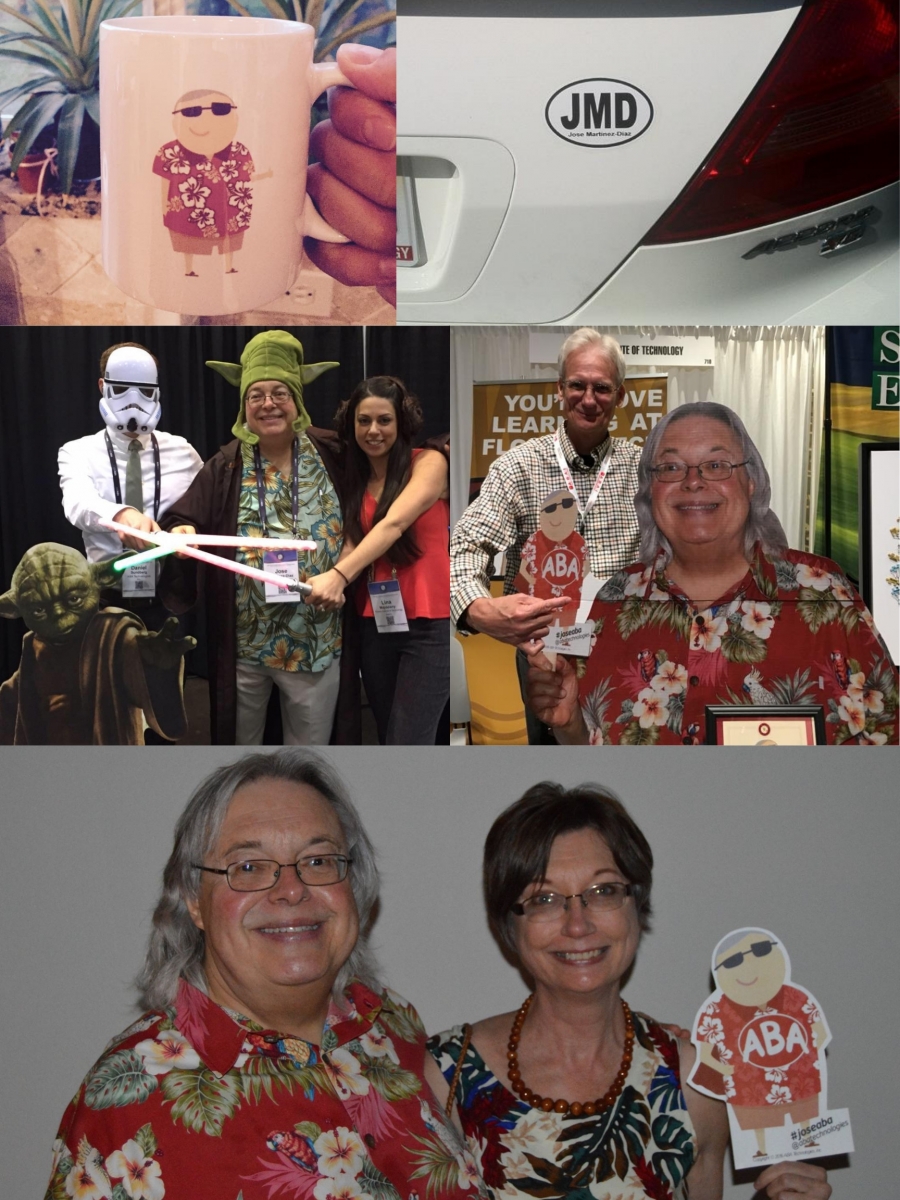 Top Left to Right: Jose Coffee Mug, JMD Bumper Sticker, Jose with Lina Lillis-Majdalany and Dan Sundberg CalABA ’17, Dr. Heward with Jose cutout ABAI ’18, Jose and Wife Danette with Super Jose