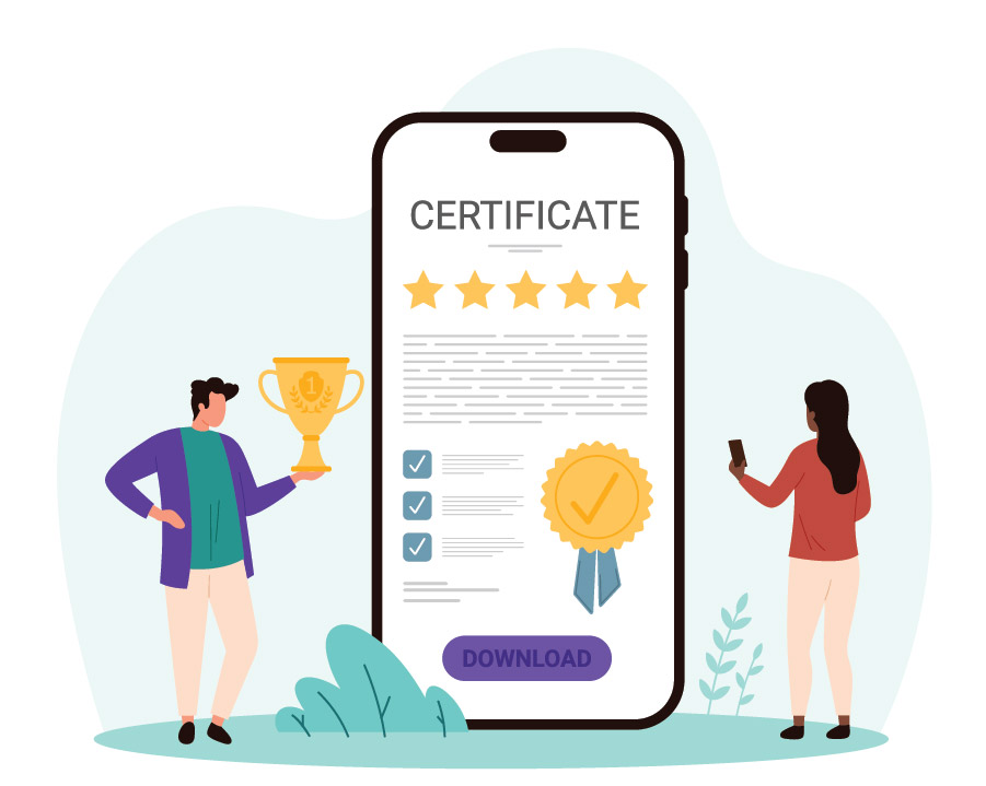 Two animated people looking at a digital certificate