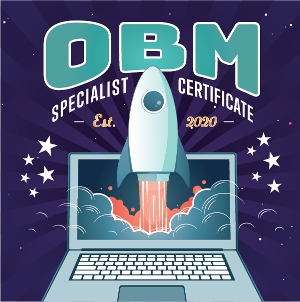 OBM Specialist Certificate rocket ship blasting off out of a lapttop