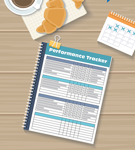 Desk with performance tracker binder