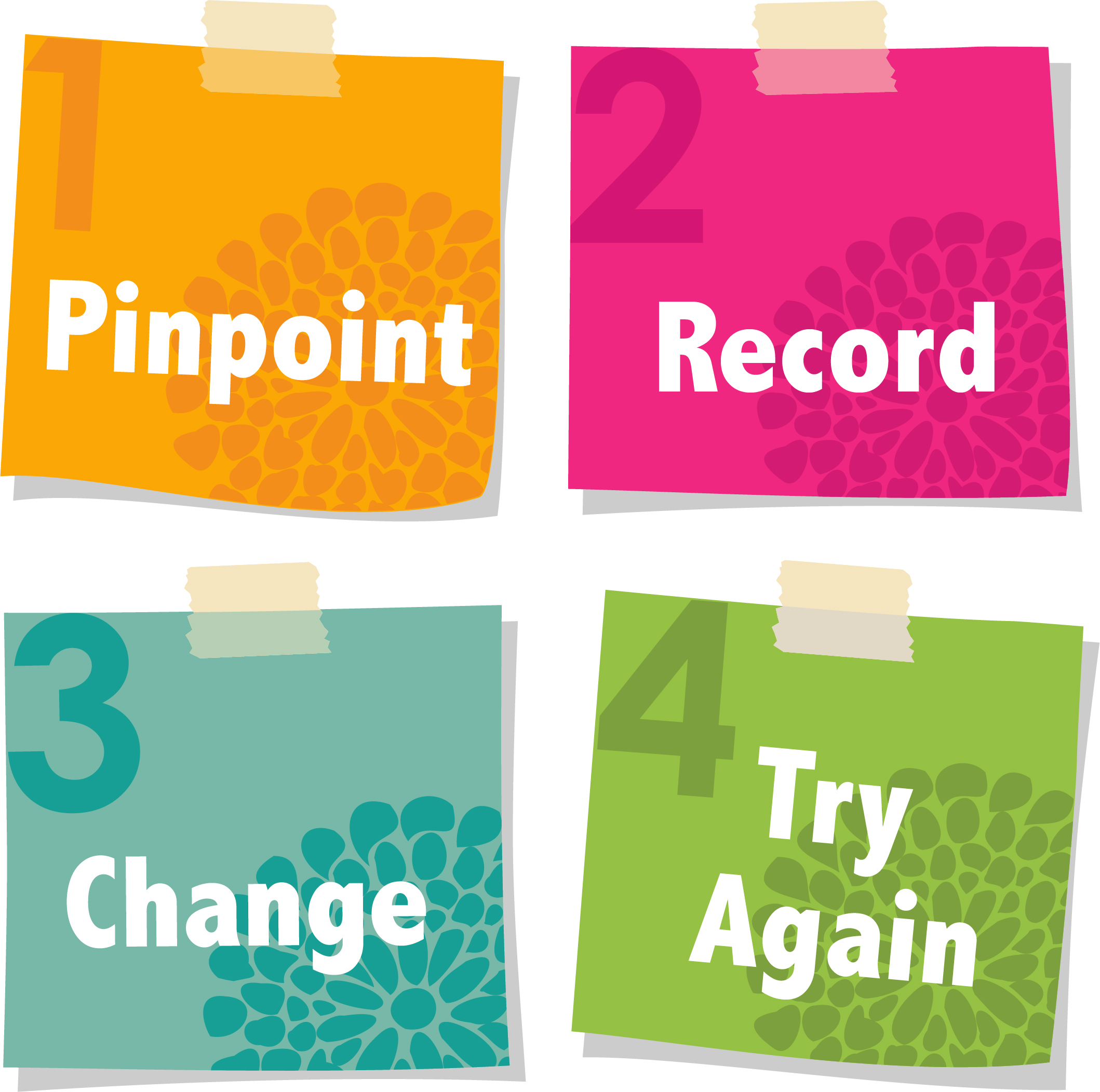 1. pinpoint, 2. record, 3. change, 4. try again (graphic)