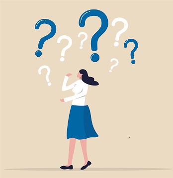 An animated picture of a woman with question marks above her head. 