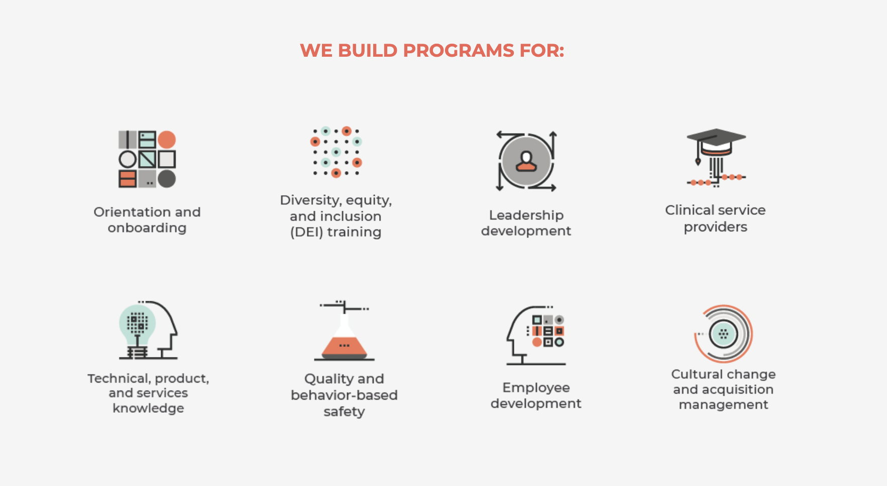 WE BUILD PROGRAMS FOR:   Orientation and onboardingDiversity equity and inclusion trainingLeadership DevelopmentClinical Service Providers  Technical, Product, and Services KnowledgeQuality and Behavior-Based SafetyEmployee DevelopmentCultural change ans acquisition management