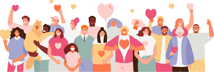 Animated picture with a group of people featuring hearts.