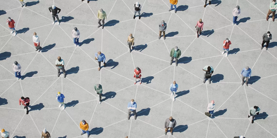 Graphic of people connected by a grid on concrete