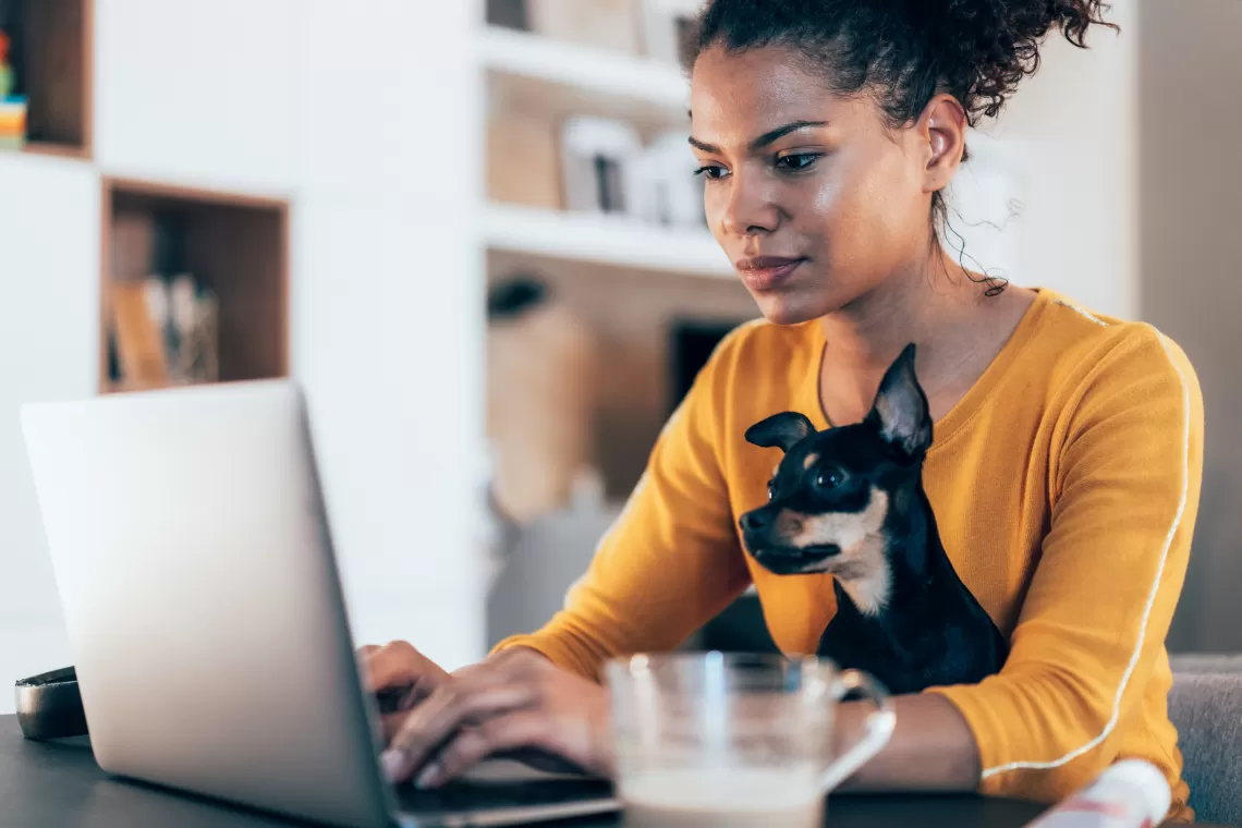 A woman and her small dog working on a laptop together.