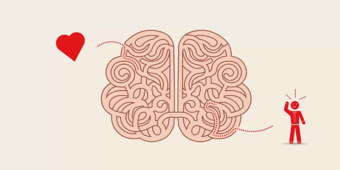 An illustration of a brain that looks like a maze. On one side is a heart and on the other is a confused man about to enter the maze.