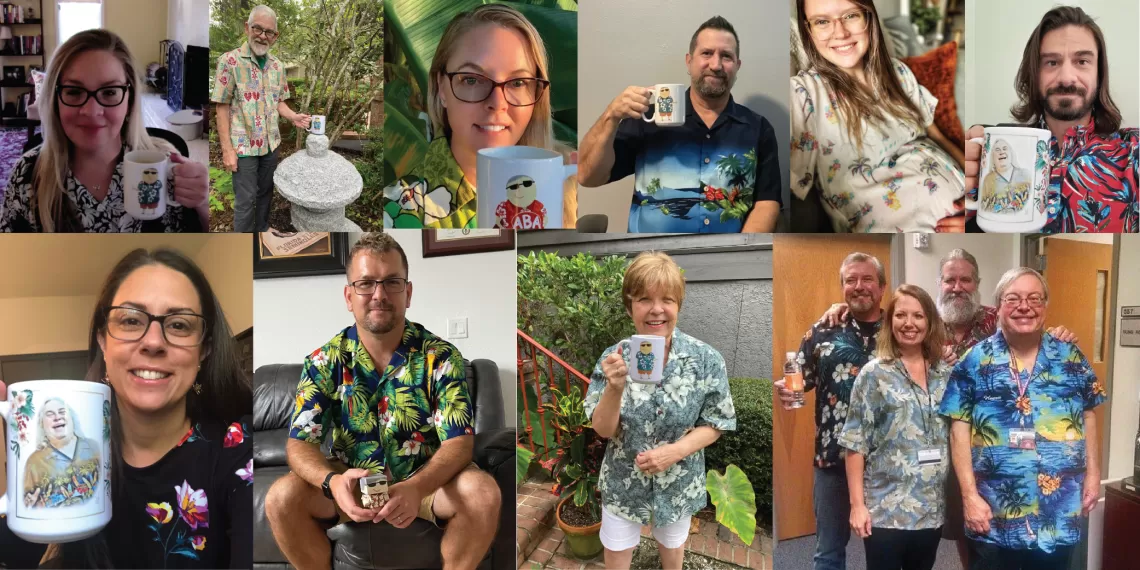 A collection of images of ABA Tech employees wearing Hawaiian shirts and holding jose mugs in honor of his birthday