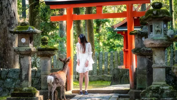 Girl with deer at temple