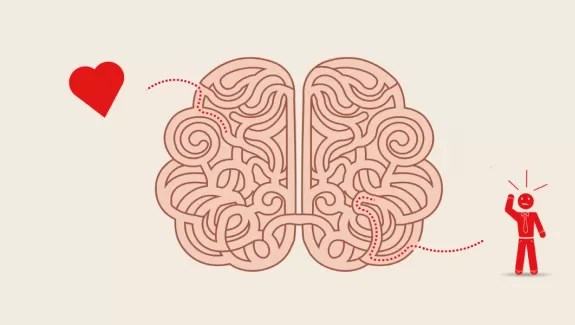 An illustration of a brain that looks like a maze. On one side is a heart and on the other is a confused man about to enter the maze.