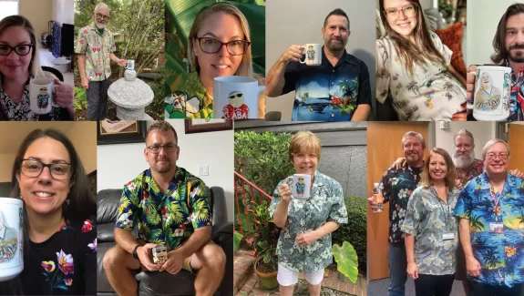 A collection of images of ABA Tech employees wearing Hawaiian shirts and holding jose mugs in honor of his birthday