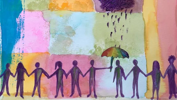 A watercolor photo of people holding hands.