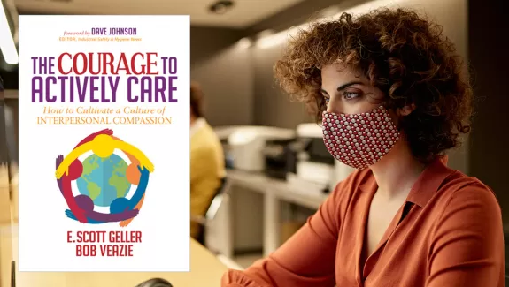 Joanne from the courage to actively care looking at a computer screen. the courage to actively care book cover overlaid on top