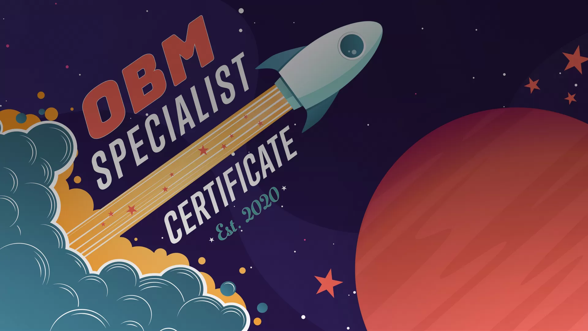 OBM Specialist Certificate cartoon rocket and space