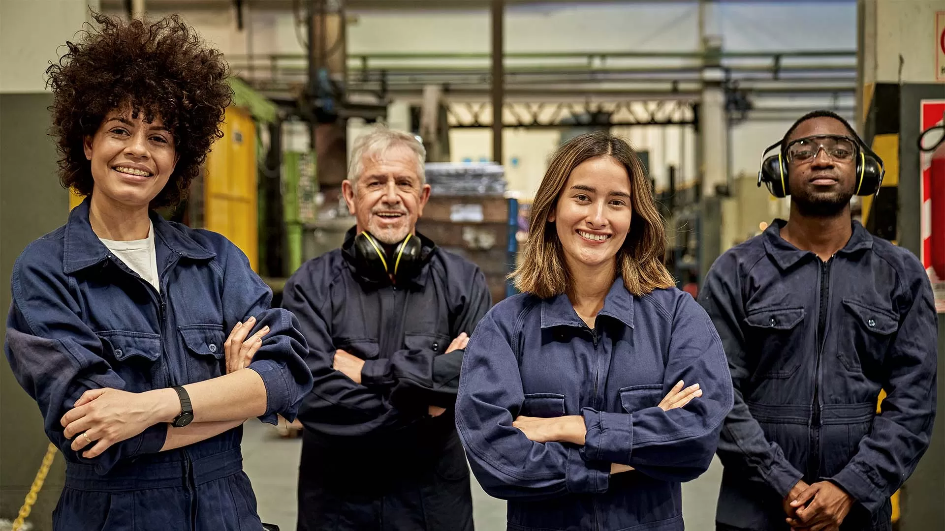 A diverse group of people in a factory setting smiling at the camera
