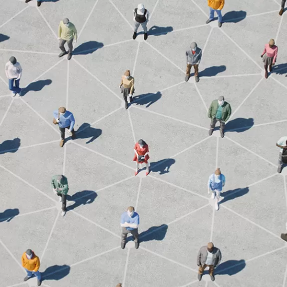 Graphic of people connected by a grid on concrete