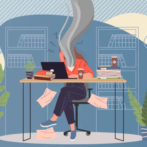 Graphic of woman sitting at desk with head smoking