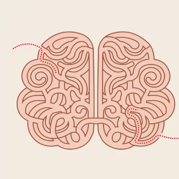 An illustration of a brain that looks like a maze. On one side is a heart and on the other is a confused man about to enter the maze.