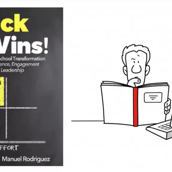 Quick wins book cover next to an illustration of a man reading a book at a computer desk