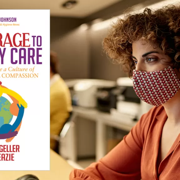 Joanne from the courage to actively care looking at a computer screen. the courage to actively care book cover overlaid on top
